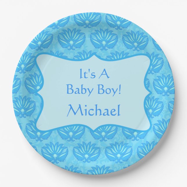 Blue Damask Baby Boy Name Personalised Paper Plate (Front)