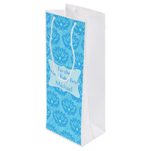 Blue Damask Baby Boy Name Personalised Wine Gift Bag