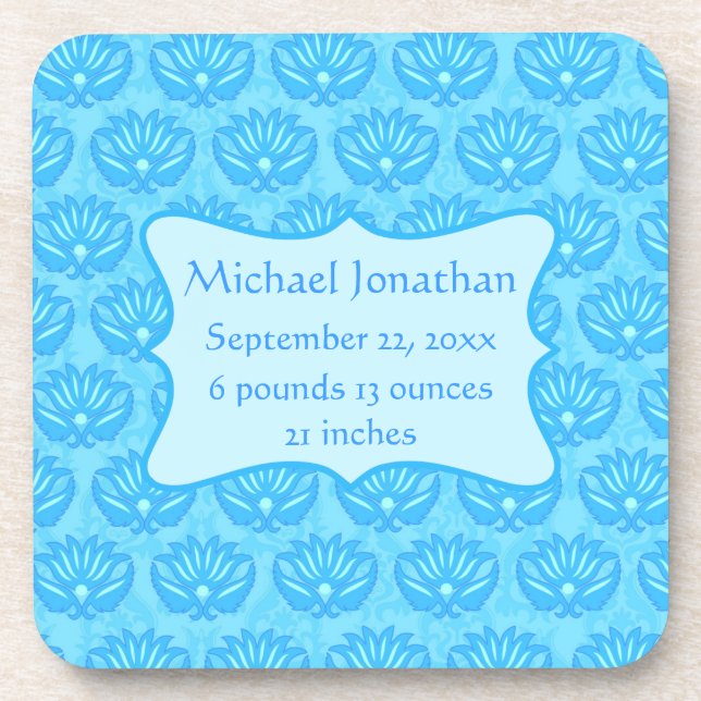 Blue Damask Baby Boy Name Personalized Coaster (Front)