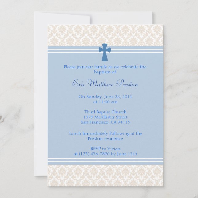 Blue Damask Baptism/Christening Invitation (Front)