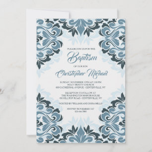 Blue Damask Baptism Invitation