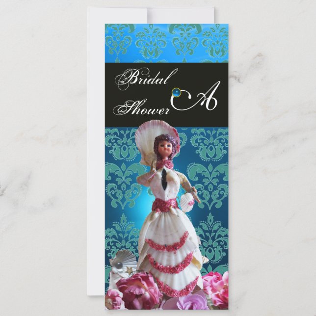 BLUE DAMASK BEACH WEDDING - BRIDAL SHOWER MONOGRAM INVITATION (Front)