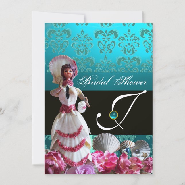 BLUE DAMASK BEACH WEDDING - BRIDAL SHOWER MONOGRAM INVITATION (Front)