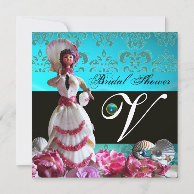 BLUE DAMASK BEACH WEDDING - BRIDAL SHOWER MONOGRAM INVITATION (Front)