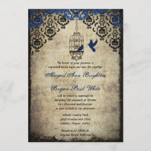 Blue Damask Birdcage Vintage Wedding Invitation