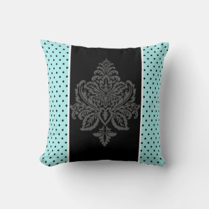 Blue, damask & black polka dots  throw pillow