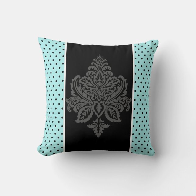 Blue, damask & black polka dots  throw pillow (Front)