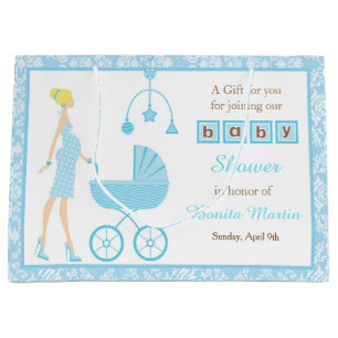 Blue Damask Blonde Woman Baby Shower Large Gift Bag