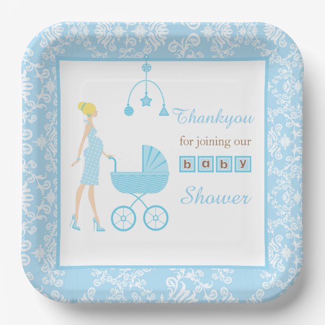 Blue Damask Blonde Woman Baby Shower Paper Plate (Front)