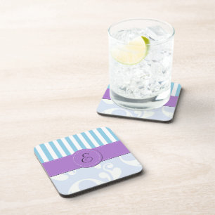 Blue Damask, Blue Stripes, Striped, Monogram Coaster
