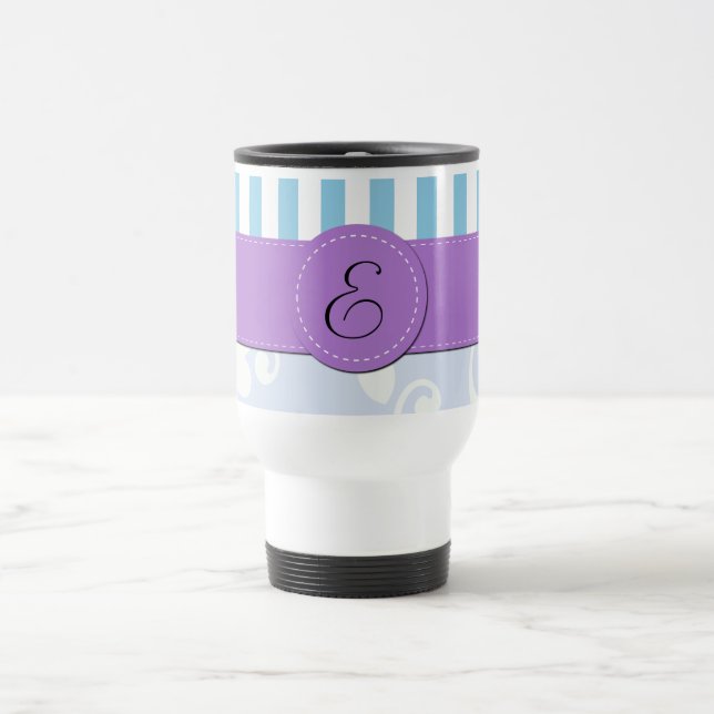 Blue Damask, Blue Stripes, Striped, Monogram Travel Mug (Center)
