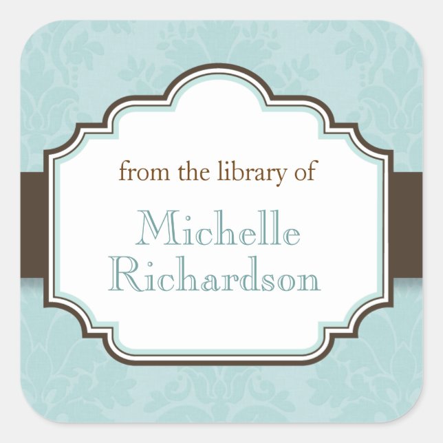 Blue damask bookplates square sticker (Front)