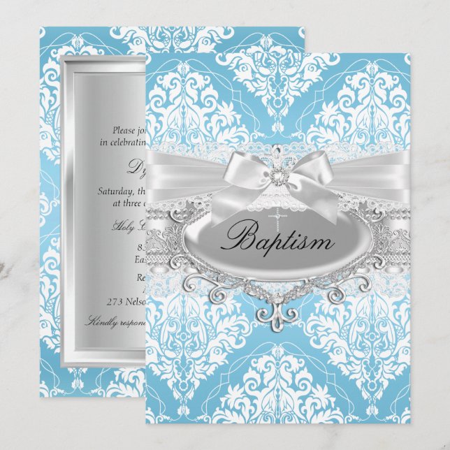 Blue Damask Bow Baptism Invitation (Front/Back)