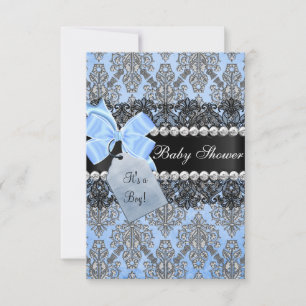 Blue Damask & Bow Boy Baby Shower Invitation
