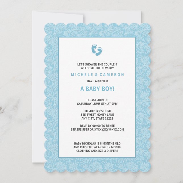 Blue Damask Boy Baby Shower Invite w feet (Front)