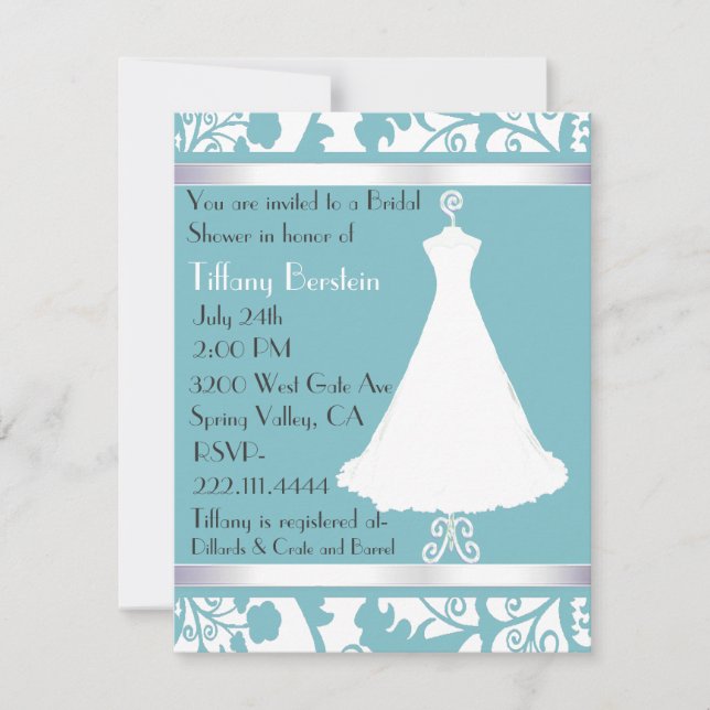 Blue Damask Bridal Shower Invitation (Front)
