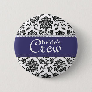 Blue Damask Bride's Crew Button