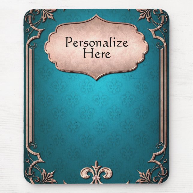 Blue damask bronze victorian trim elegant  mouse mat (Front)