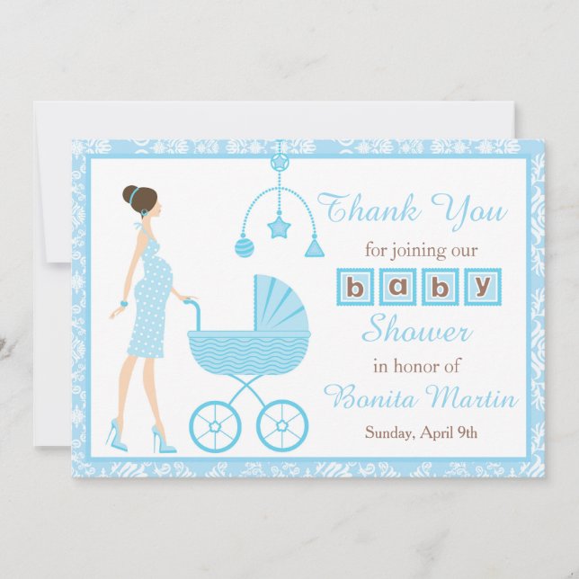 Blue Damask Brunette Woman Baby Shower Thank You Card (Front)