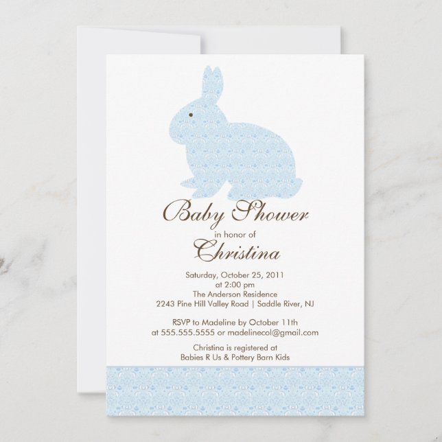 Blue Damask Bunny Baby Shower Invitation Baby Boy (Front)