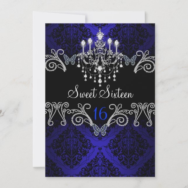 Blue Damask & Butterfly Sweet Sixteen Invite (Front)