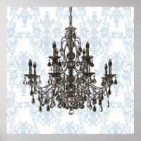 Blue Damask Chandelier Wall Art Print