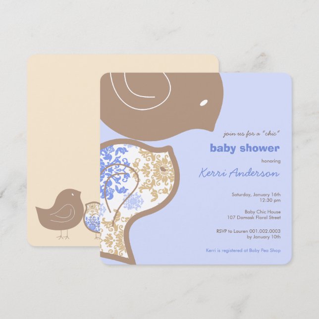 Blue Damask Chicks Baby Shower Party Invitation (Front/Back)