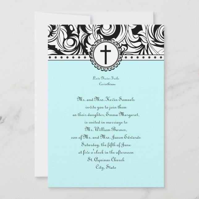 Blue Damask Christian Wedding Invitation (Front)