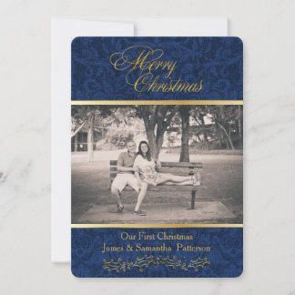 Blue Damask Christmas Photo Card