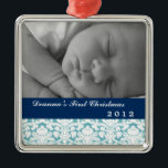 Blue damask classic navy band baby's first holiday metal tree decoration<br><div class="desc">Mark your important family moments with this easy to customise holiday ornament. Design features your favourite photo with a holiday blue band bearing your custom text. An elegant damask pattern quietly adorn your photo. Deck the halls with some personality! Preserve your life moments with these quality holiday ornaments so your...</div>