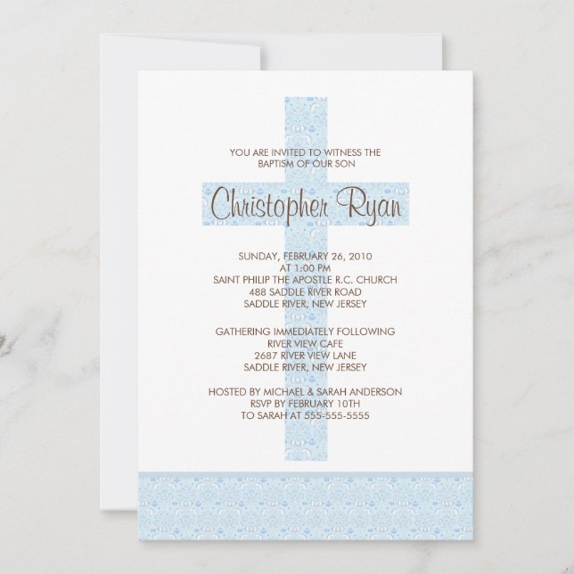 Blue Damask Cross Baby Boy Baptism Inviation Invitation (Front)