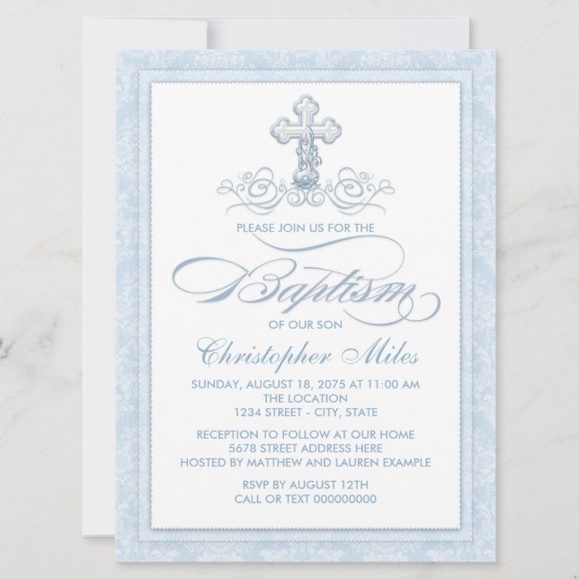 Blue Damask Cross Baptism Invitation (Front)