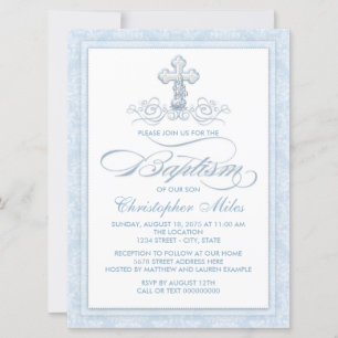 Blue Damask Cross Baptism Invitation