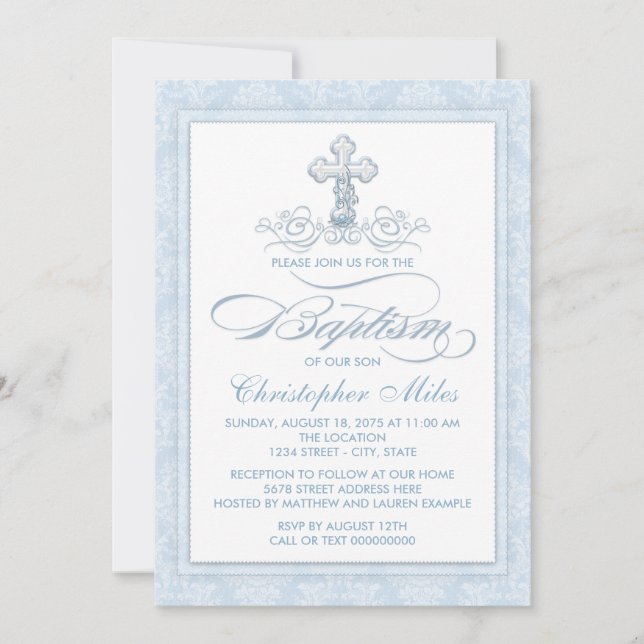 Blue Damask Cross Baptism Invitation (Front)