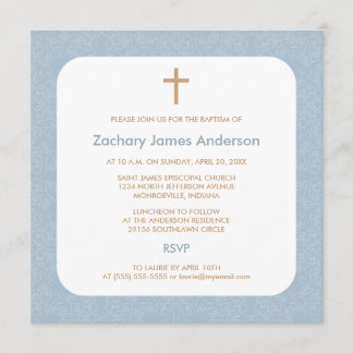 Blue Damask & Cross Baptism Invitations