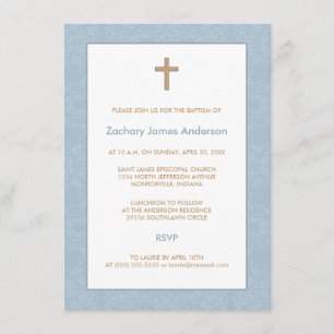 Blue Damask & Cross Baptism Invitations
