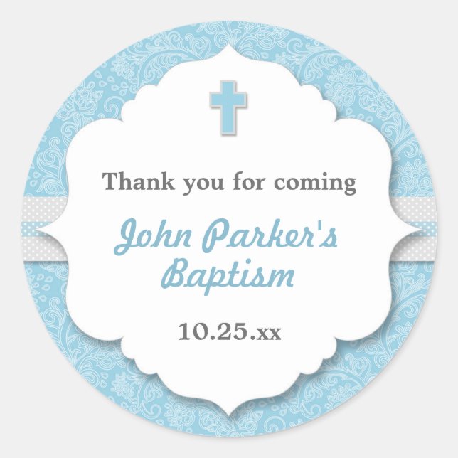 Blue Damask cross boy baptism christening favour Classic Round Sticker (Front)