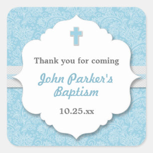 Blue Damask cross boy baptism christening favour Square Sticker