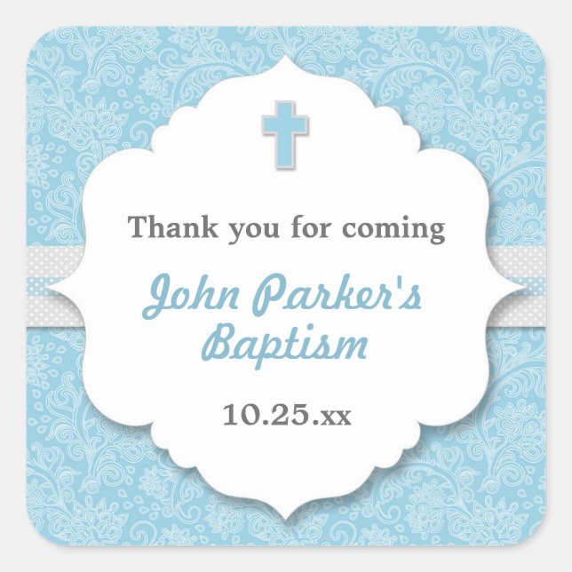 Blue Damask cross boy baptism christening favour Square Sticker (Front)