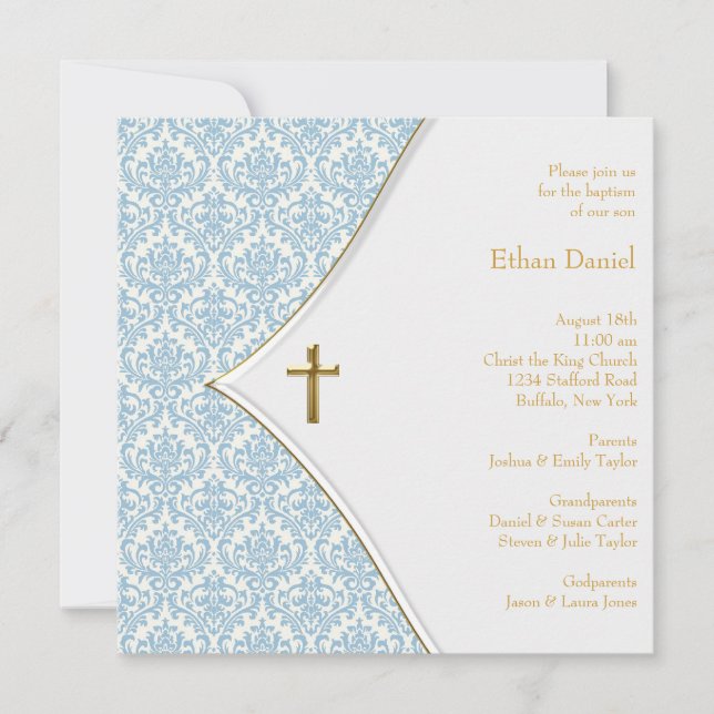 Blue Damask Cross Boy Christening Invitation (Front)