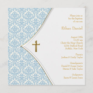 Blue Damask Cross Boy Christening Invitation