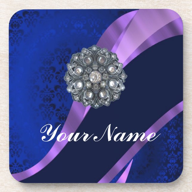Blue damask & crystal coaster (Front)