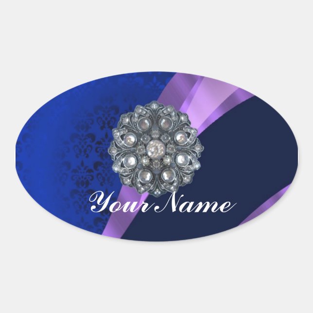 Blue damask & crystal oval sticker (Front)