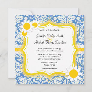 Blue Damask; Daisy Invitation
