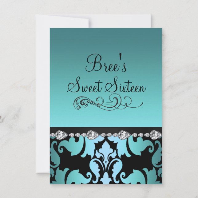 Blue Damask & Diamond Image Sweet 16 Invite (Front)