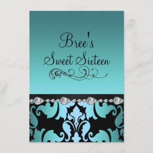 Blue Damask & Diamond Image Sweet 16 Invite