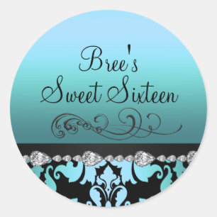 Blue Damask & Diamond Sweet 16 Sticker