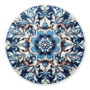 Blue Damask Fleur Mandala Ceramic Knob