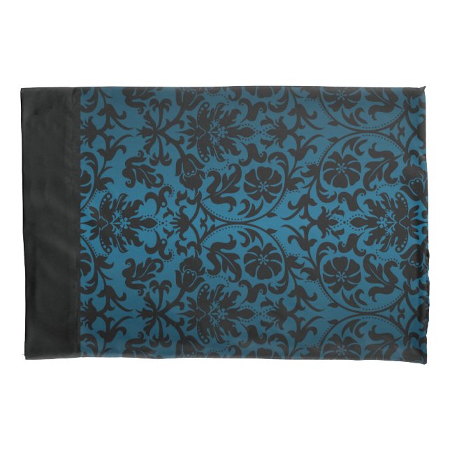 Blue Damask Floral Pattern Design Pillowcase (Front)