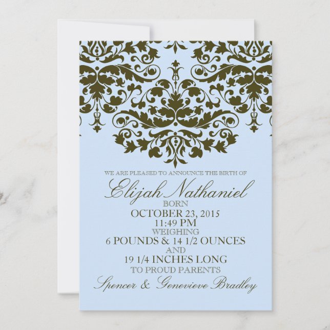 Blue Damask Formal Introduction Birth Announcement (Front)